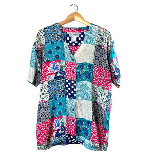 Women's Vintage Silk Exchange Patchwork Button Front M